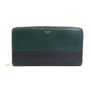 Celine round zip long wallet green Navy Blue leather